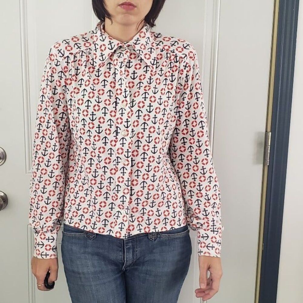 70s‎ Novelty Print Anchors and Life Preservers Dagger Collar Shirt